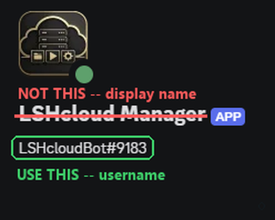 Discord profile popup showing the display name crossed out in red (not this) and the actual username highlighted in green (use this)